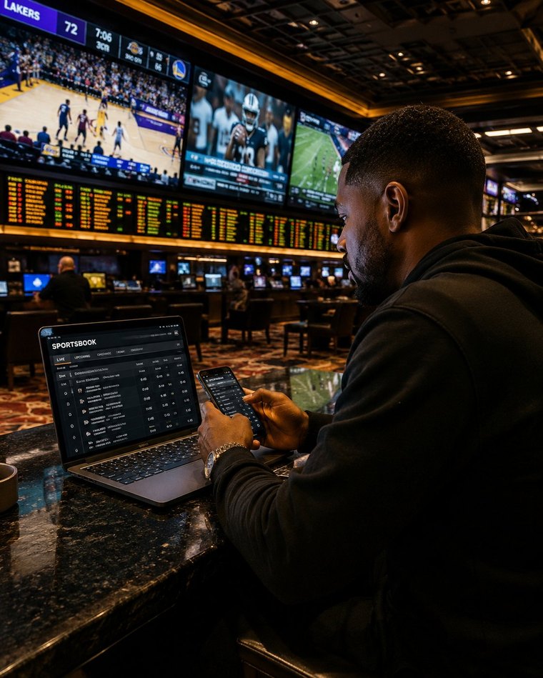 Bettor reviewing intel at the sportsbook